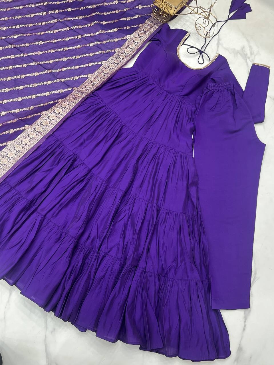 Purple Elegant Festive Pure Romansilk Chanderi Anarkali Suit with Banarasi Dupatta