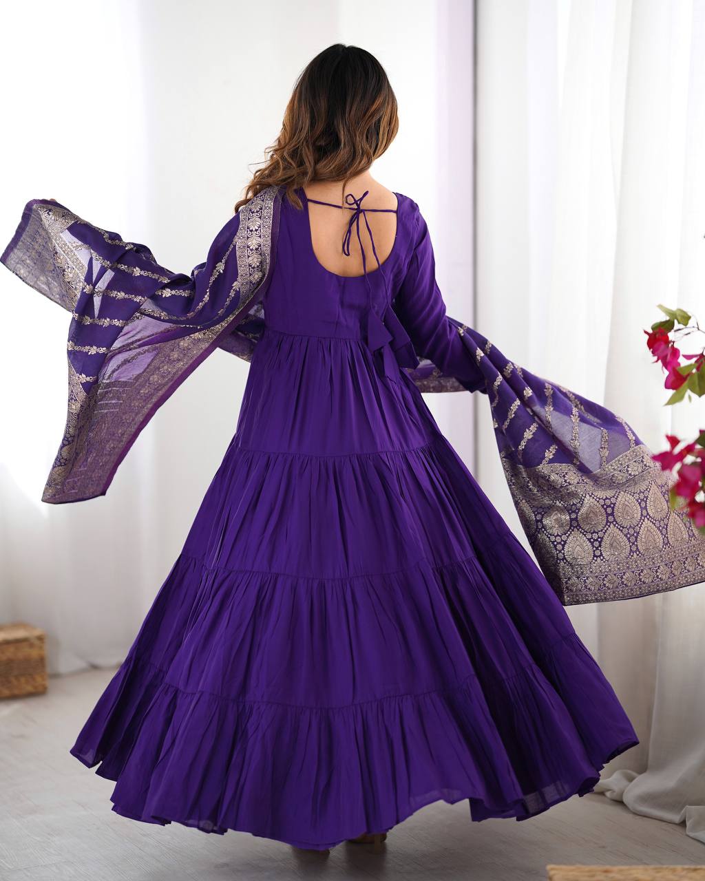 Purple Elegant Festive Pure Romansilk Chanderi Anarkali Suit with Banarasi Dupatta