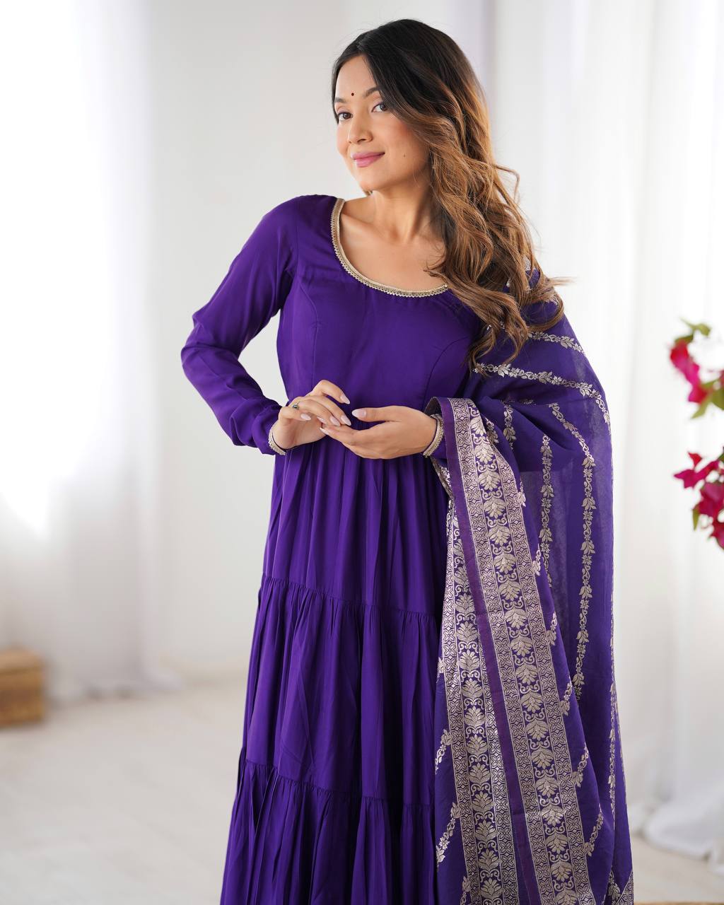 Purple Elegant Festive Pure Romansilk Chanderi Anarkali Suit with Banarasi Dupatta