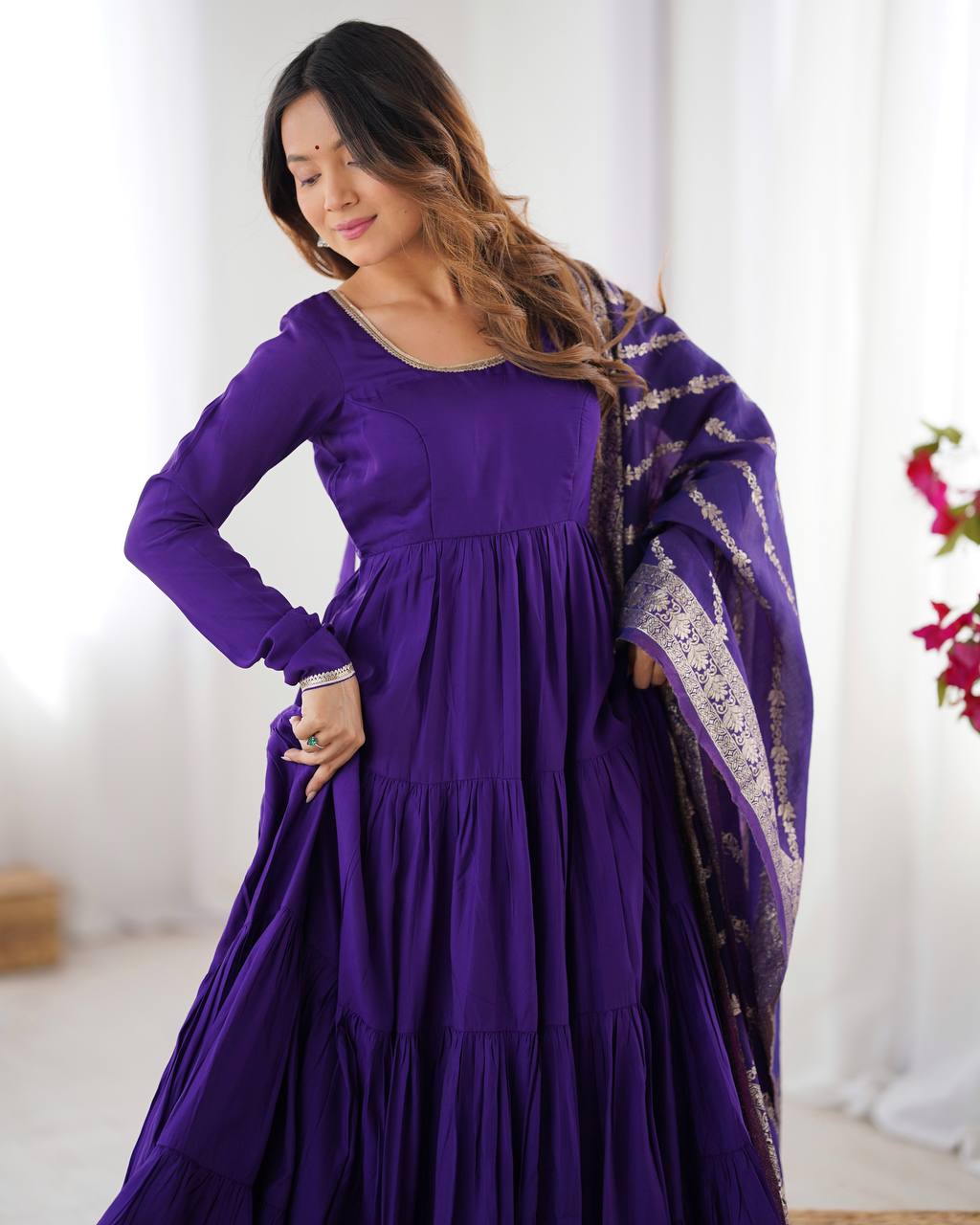 Purple Elegant Festive Pure Romansilk Chanderi Anarkali Suit with Banarasi Dupatta