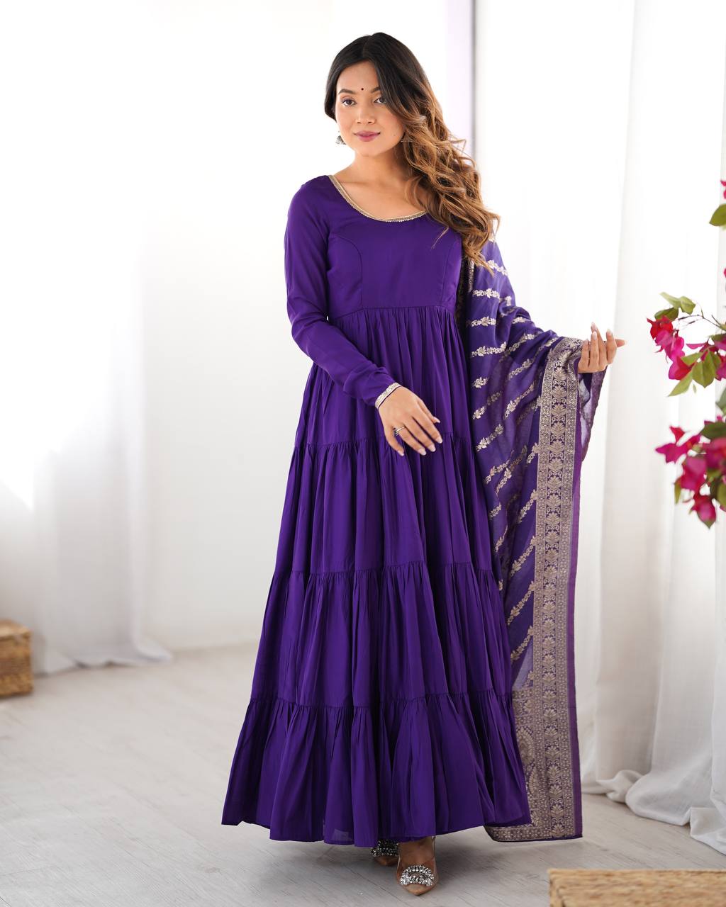 Purple Elegant Festive Pure Romansilk Chanderi Anarkali Suit with Banarasi Dupatta