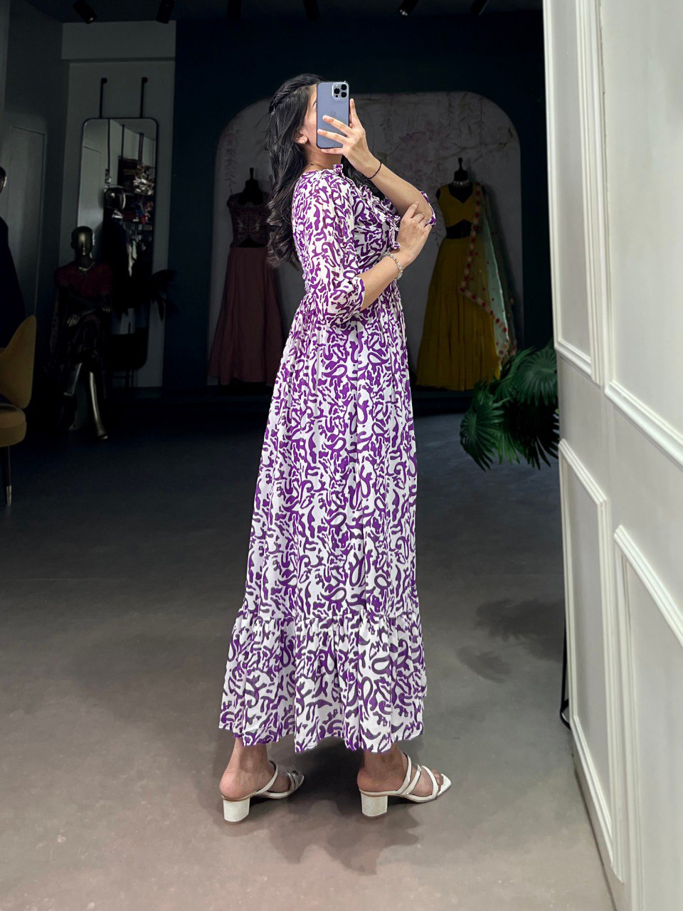 Purple Elegant Georgette Printed Frock – Stitched & Comfortable