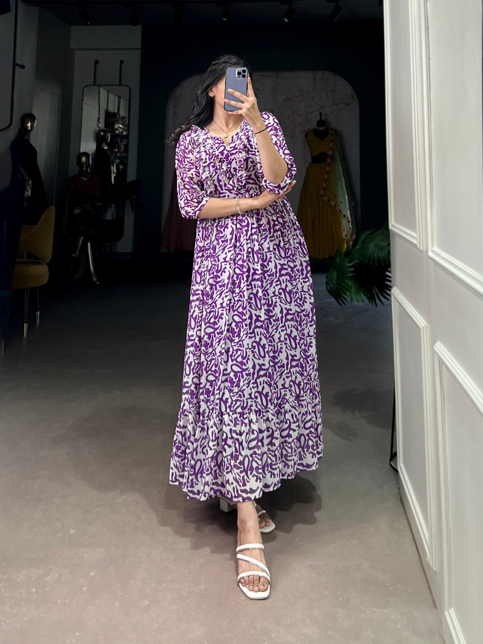 Purple Elegant Georgette Printed Frock – Stitched & Comfortable