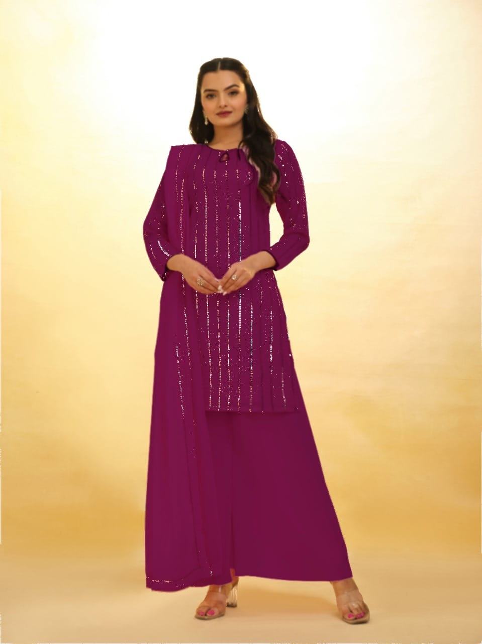 Purple Elegant Georgette Sequins Embroidered Top with Palazzo &amp; Dupatta Set