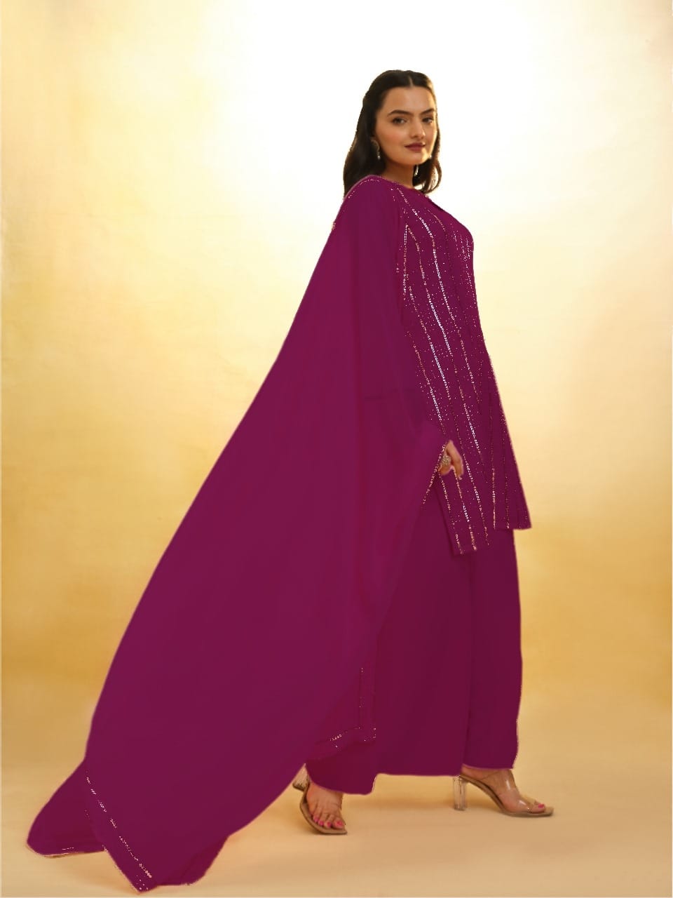 Purple Elegant Georgette Sequins Embroidered Top with Palazzo &amp; Dupatta Set