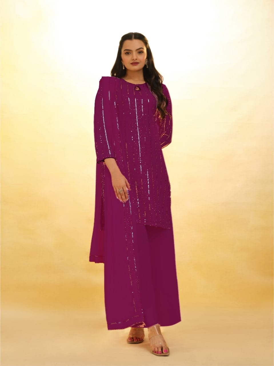 Purple Elegant Georgette Sequins Embroidered Top with Palazzo &amp; Dupatta Set