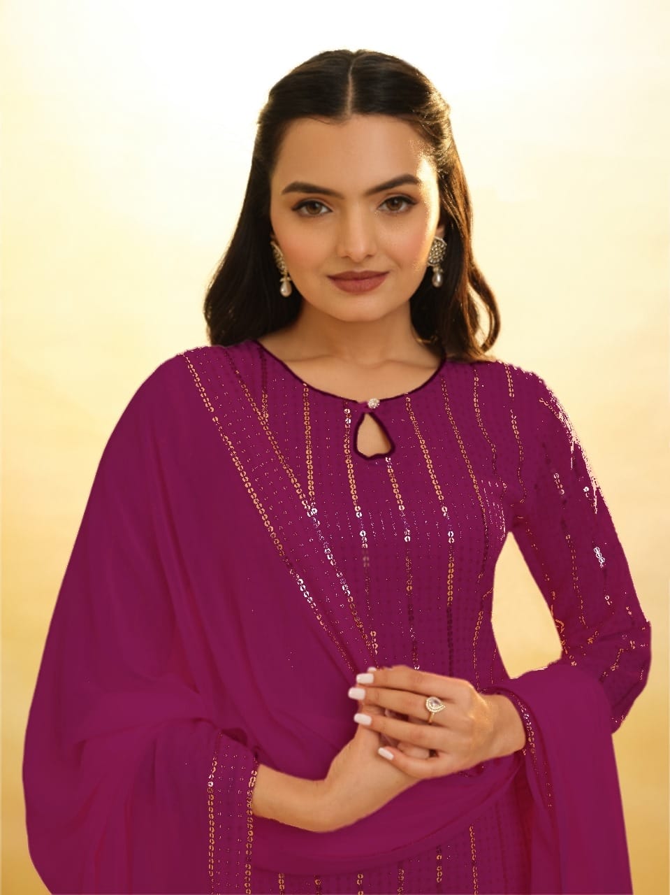 Purple Elegant Georgette Sequins Embroidered Top with Palazzo &amp; Dupatta Set