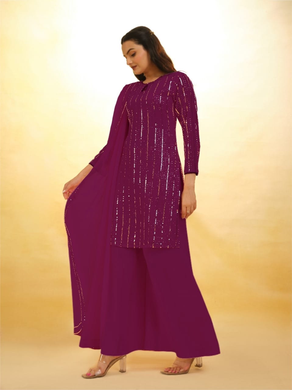 Purple Elegant Georgette Sequins Embroidered Top with Palazzo &amp; Dupatta Set