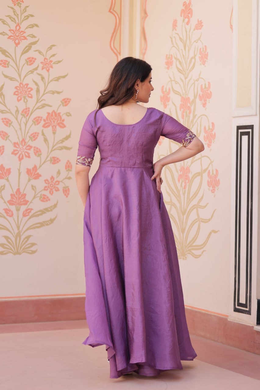 Purple Elegant Gold Crush Embroidered Gown for Women 8 Meter Umbrella Flair Party & Festive Wear