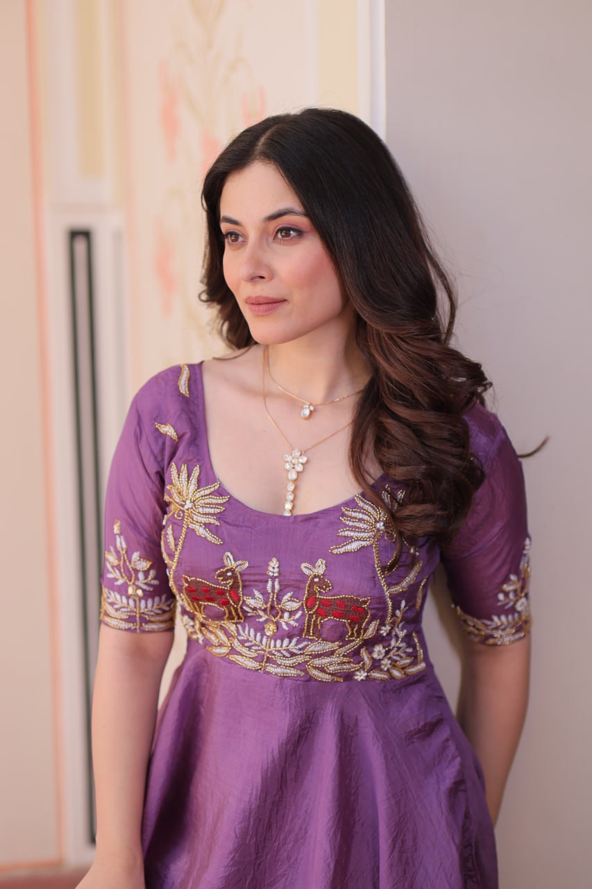 Purple Elegant Gold Crush Embroidered Gown for Women 8 Meter Umbrella Flair Party & Festive Wear