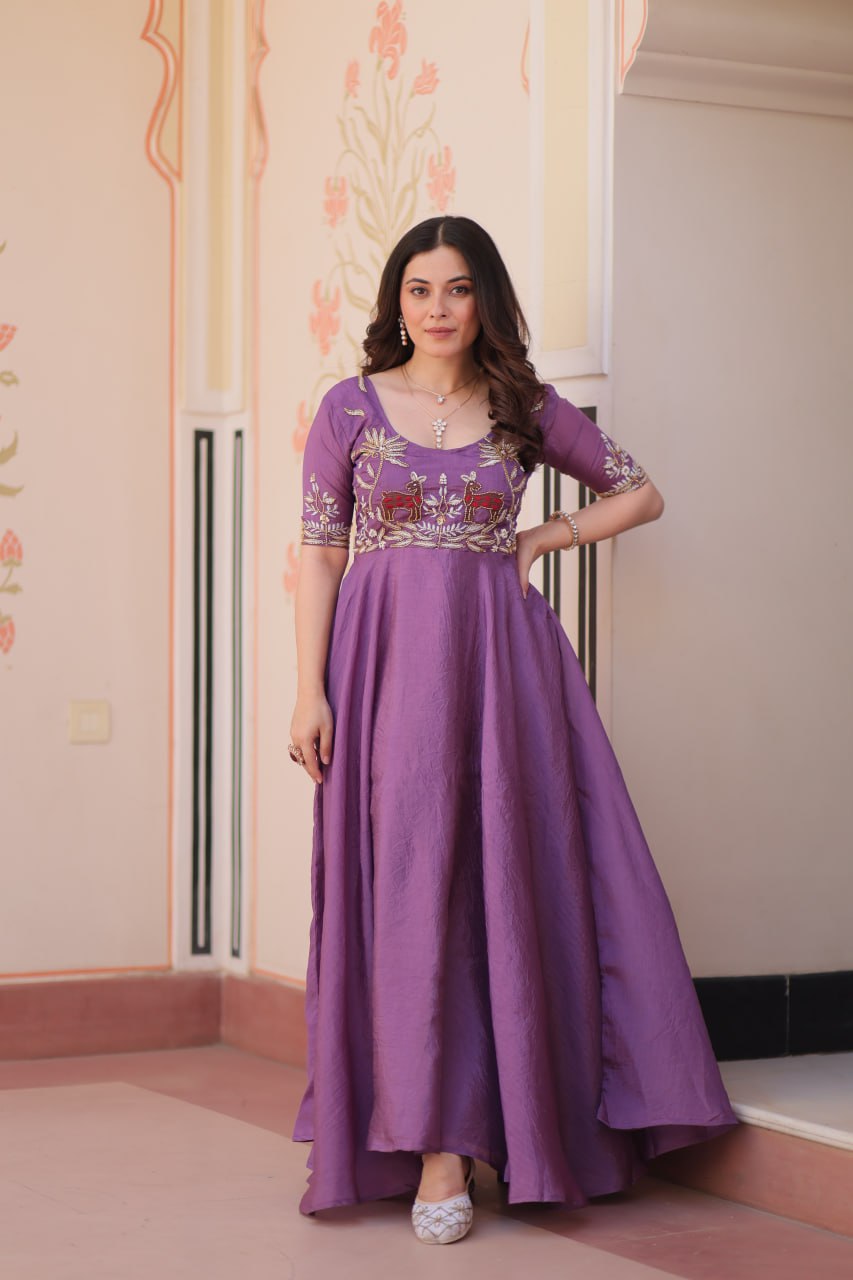 Purple Elegant Gold Crush Embroidered Gown for Women 8 Meter Umbrella Flair Party & Festive Wear