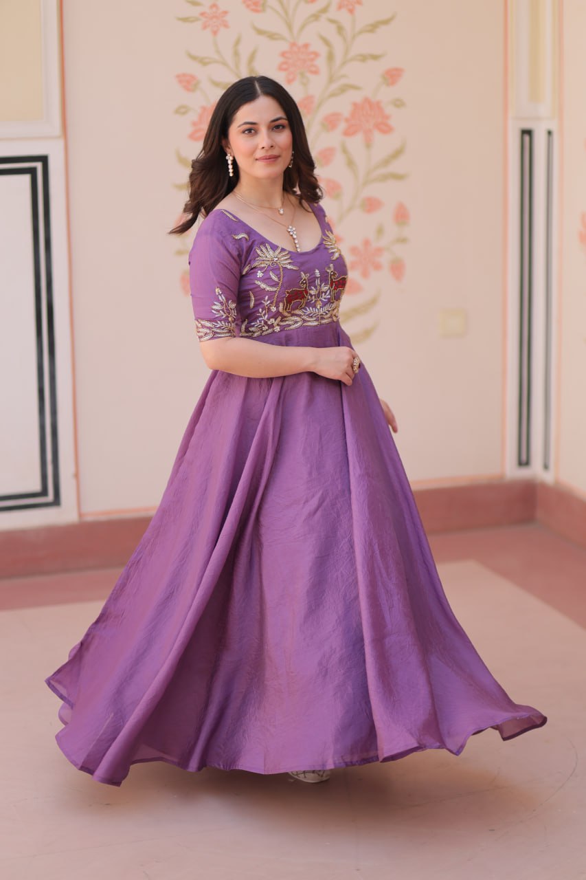 Purple Elegant Gold Crush Embroidered Gown for Women 8 Meter Umbrella Flair Party & Festive Wear