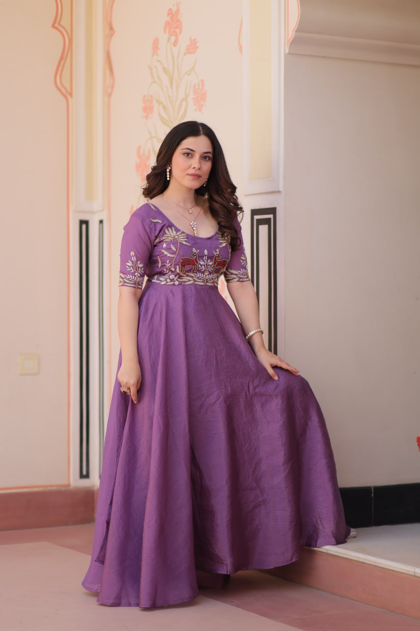 Purple Elegant Gold Crush Embroidered Gown for Women 8 Meter Umbrella Flair Party & Festive Wear