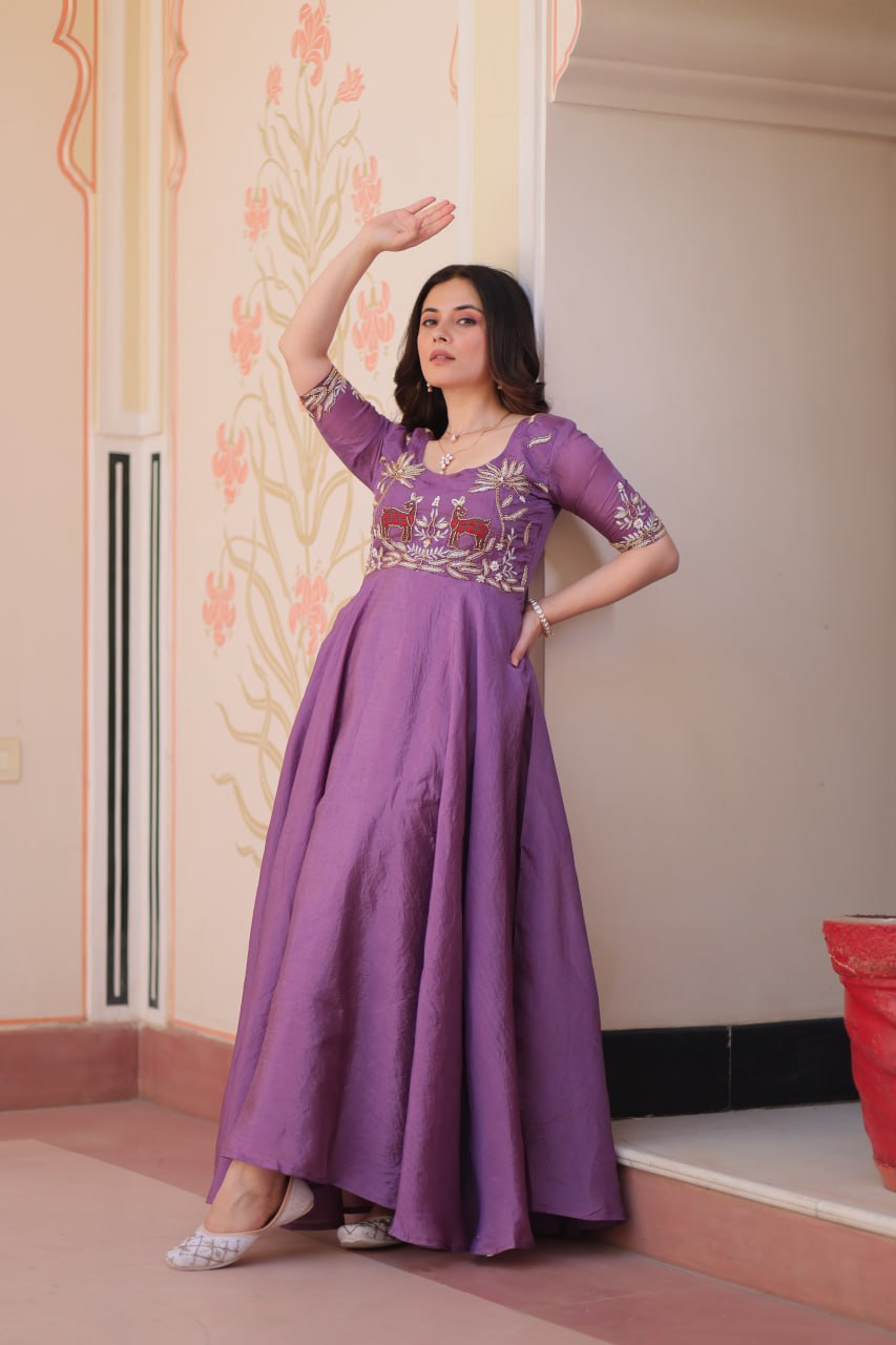 Purple Elegant Gold Crush Embroidered Gown for Women 8 Meter Umbrella Flair Party & Festive Wear