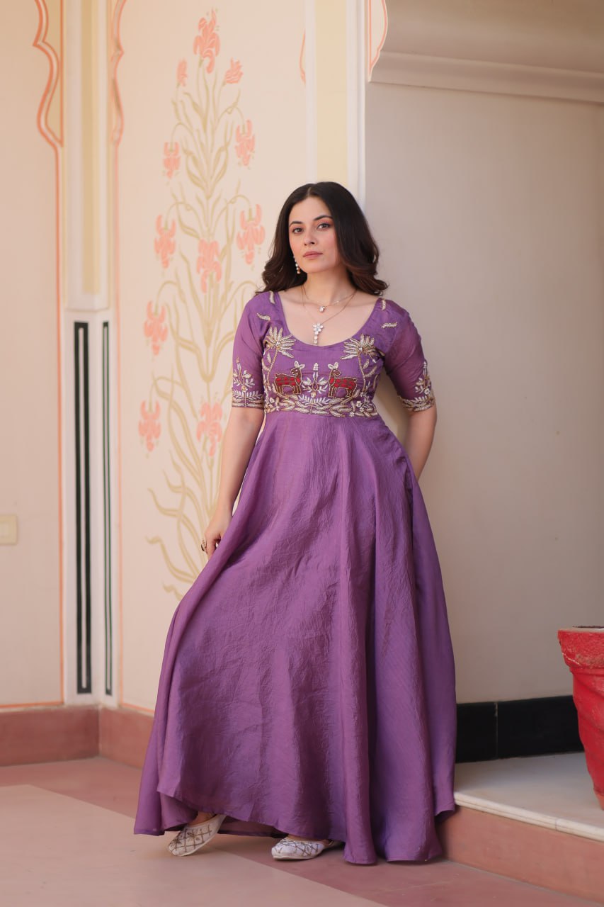 Purple Elegant Gold Crush Embroidered Gown for Women 8 Meter Umbrella Flair Party & Festive Wear