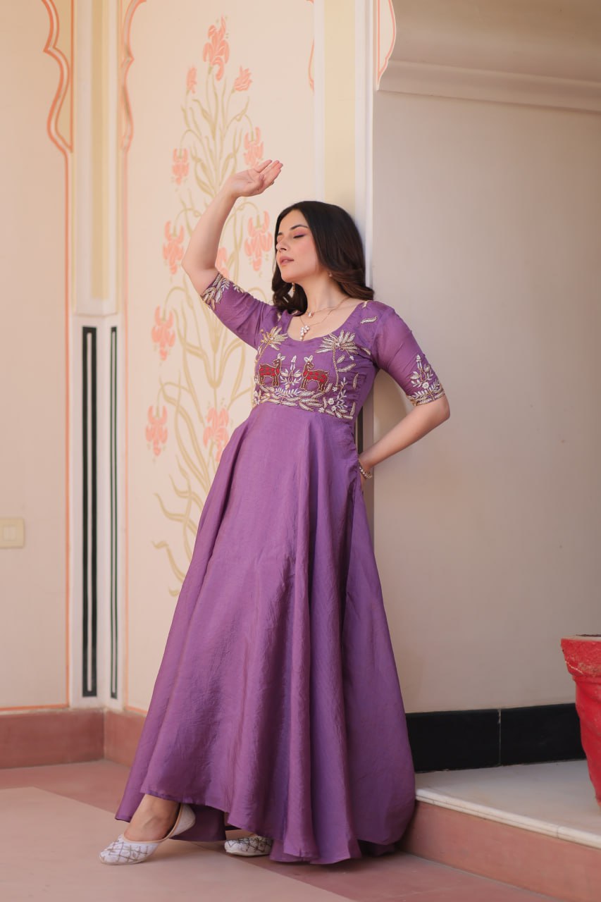 Purple Elegant Gold Crush Embroidered Gown for Women 8 Meter Umbrella Flair Party & Festive Wear