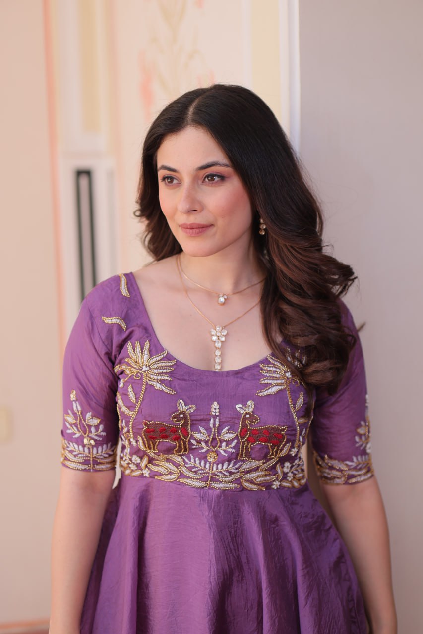 Purple Elegant Gold Crush Embroidered Gown for Women 8 Meter Umbrella Flair Party & Festive Wear