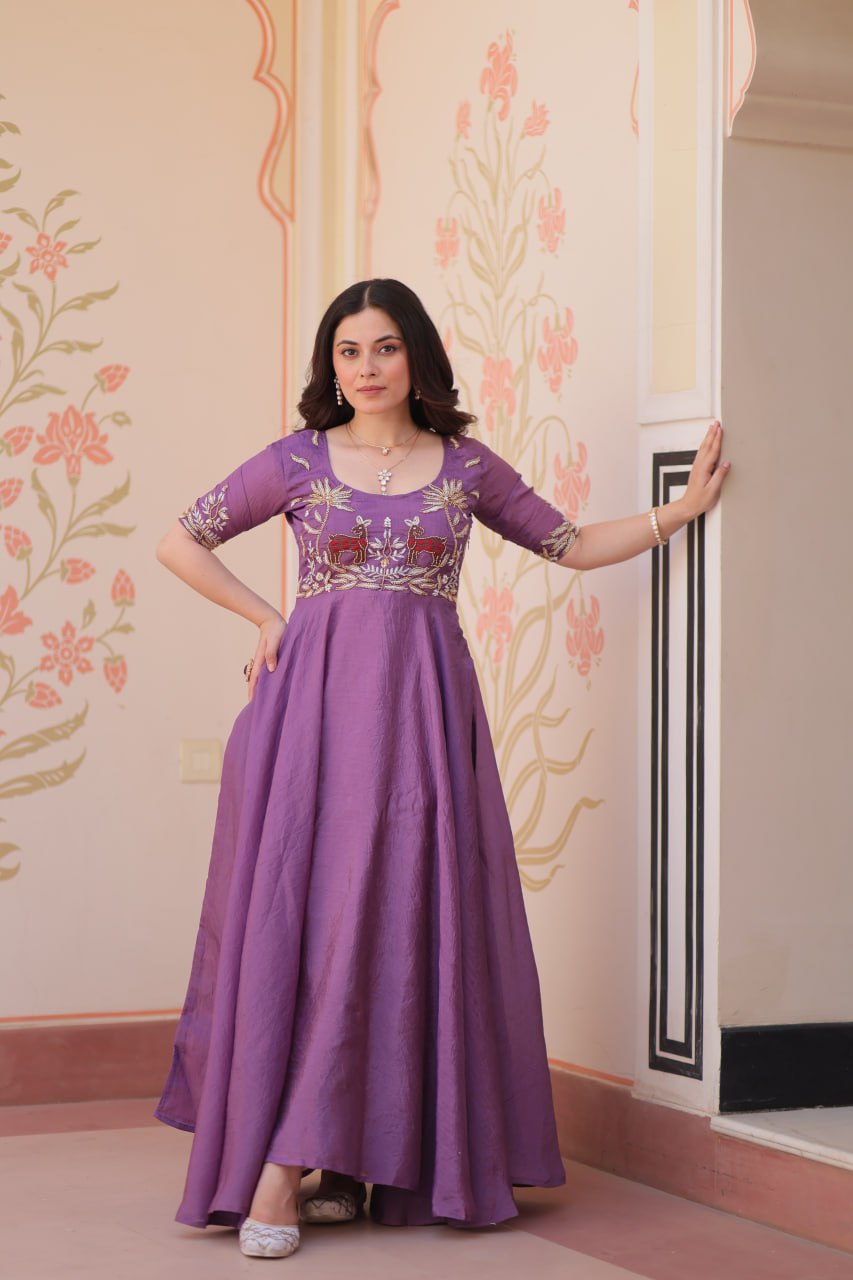 Purple Elegant Gold Crush Embroidered Gown for Women 8 Meter Umbrella Flair Party & Festive Wear