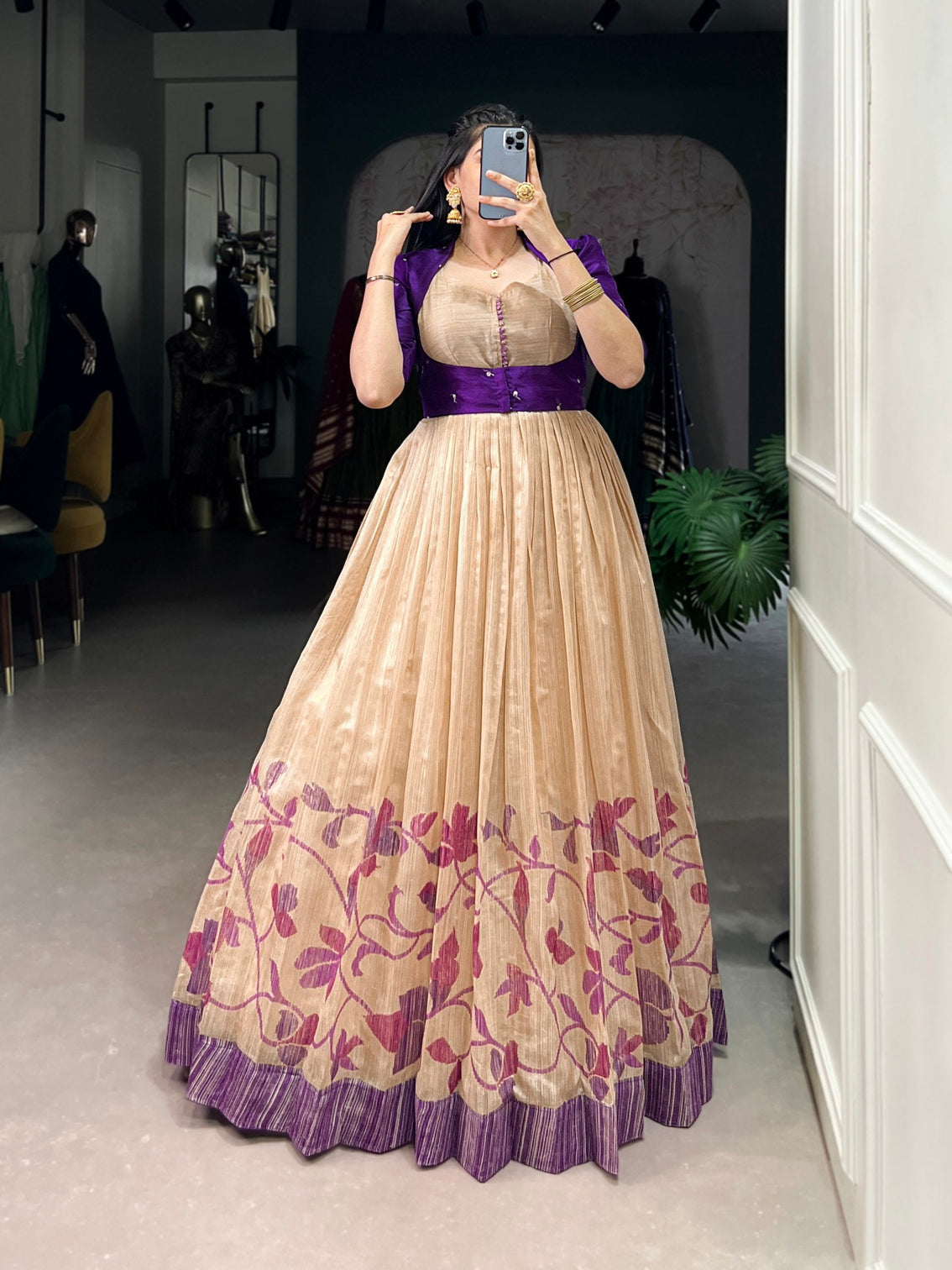 Purple Elegant Green Silk Printed Gown with Embroidered Banglory Koti