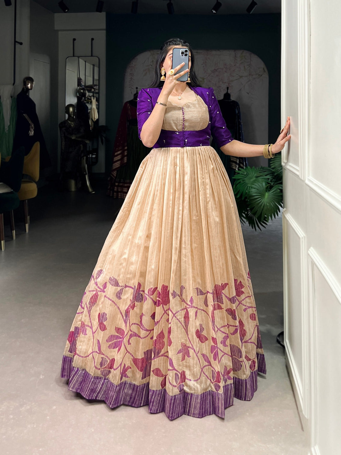 Purple Elegant Green Silk Printed Gown with Embroidered Banglory Koti