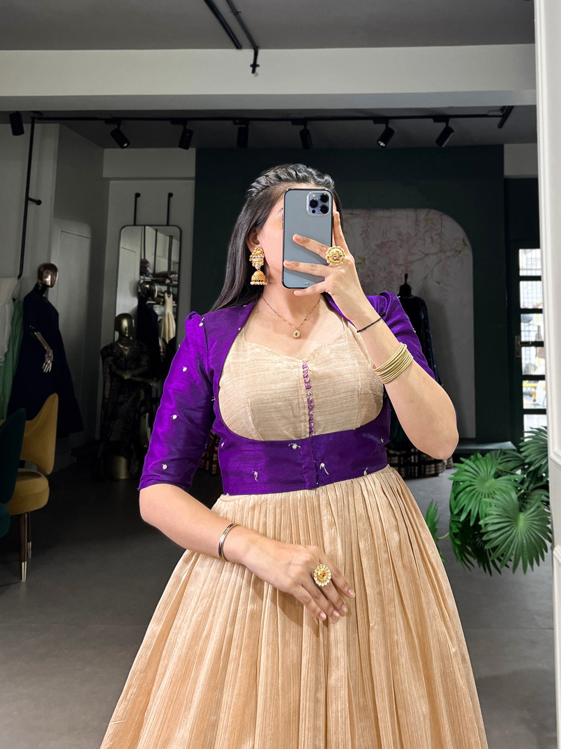 Purple Elegant Green Silk Printed Gown with Embroidered Banglory Koti