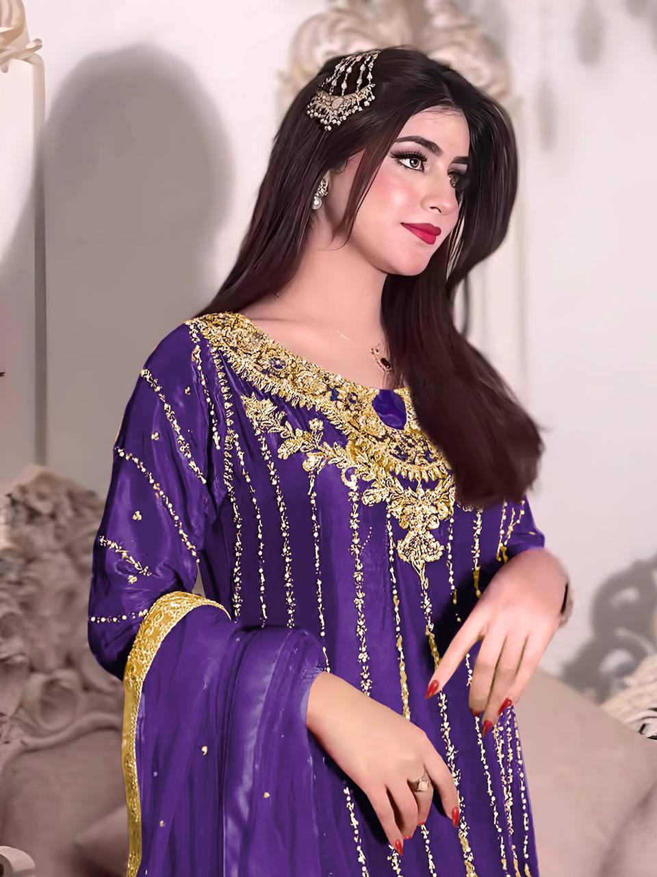Purple Elegant Heavy Chinon Silk Embroidered Palazzo Set with Rivet Moti & 5mm Sequin Work – Fully Stitched with Dupatta