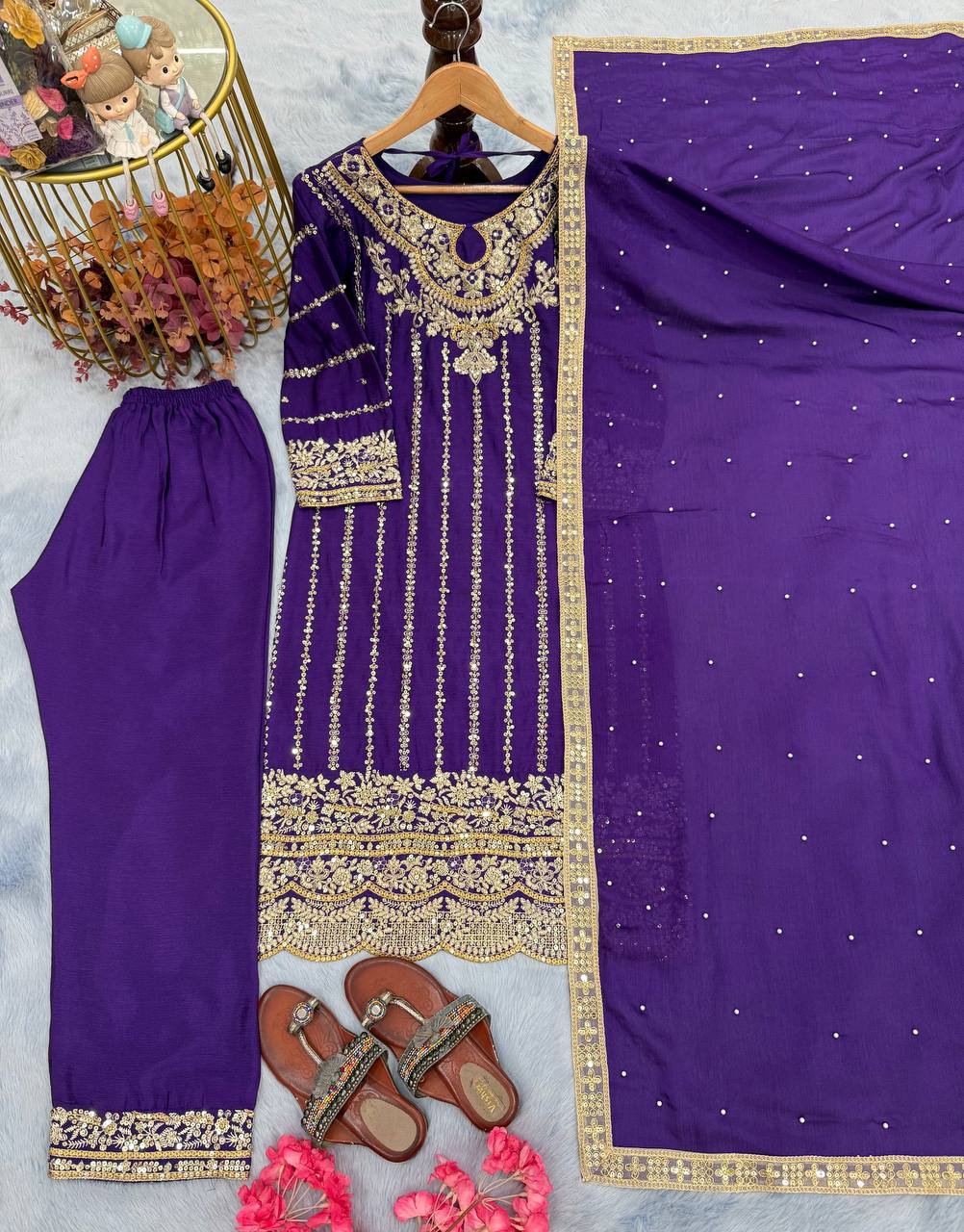 Purple Elegant Heavy Chinon Silk Embroidered Palazzo Set with Rivet Moti & 5mm Sequin Work – Fully Stitched with Dupatta