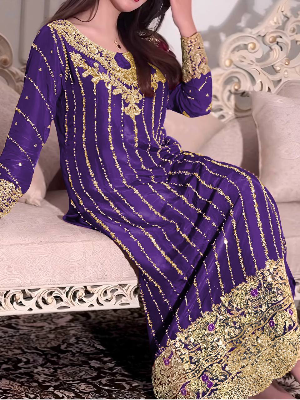 Purple Elegant Heavy Chinon Silk Embroidered Palazzo Set with Rivet Moti & 5mm Sequin Work – Fully Stitched with Dupatta