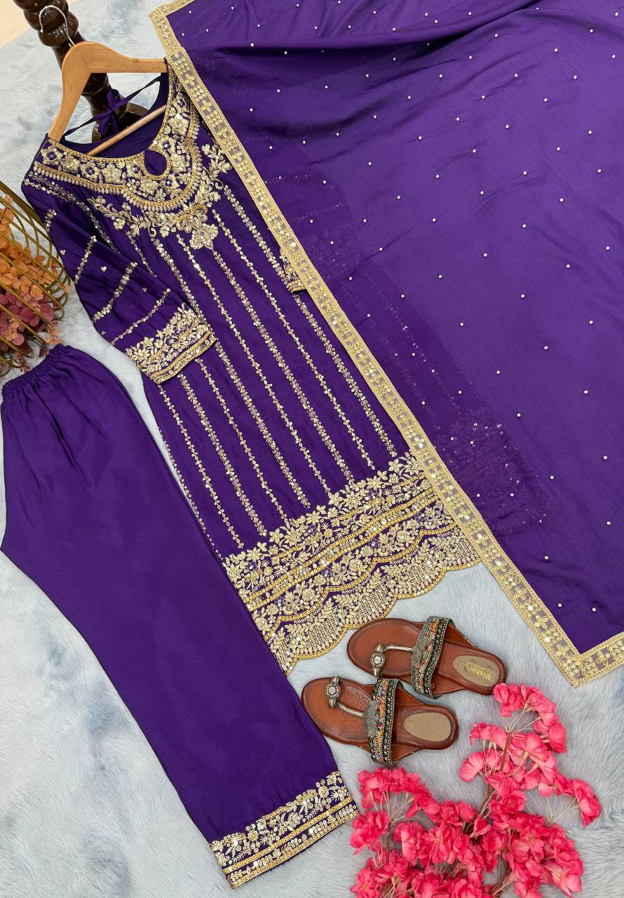 Purple Elegant Heavy Chinon Silk Embroidered Palazzo Set with Rivet Moti & 5mm Sequin Work – Fully Stitched with Dupatta