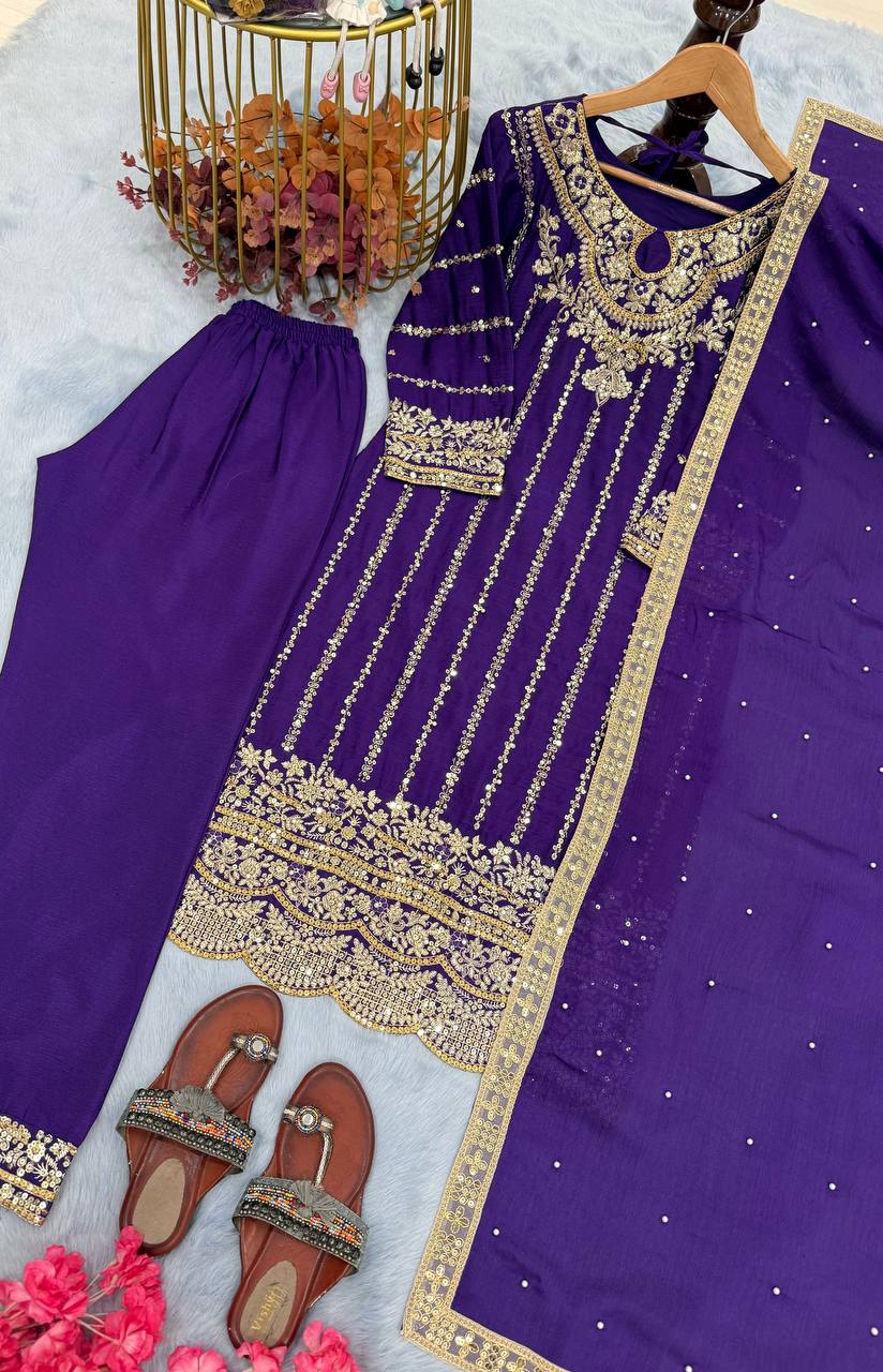 Purple Elegant Heavy Chinon Silk Embroidered Palazzo Set with Rivet Moti & 5mm Sequin Work – Fully Stitched with Dupatta