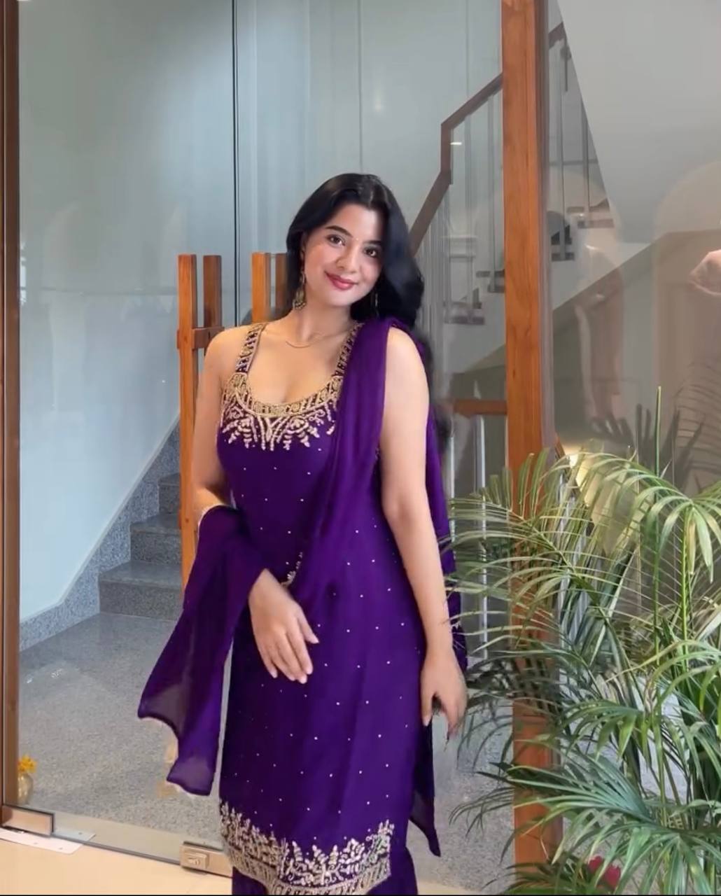 Purple Elegant Heavy Faux Georgette Handworked Top with Palazzo & Dupatta Set
