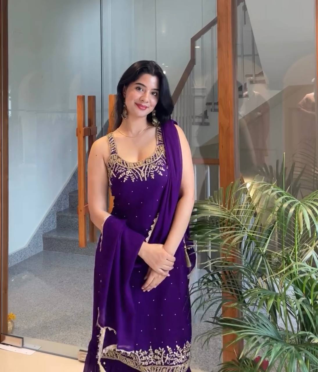 Purple Elegant Heavy Faux Georgette Handworked Top with Palazzo & Dupatta Set