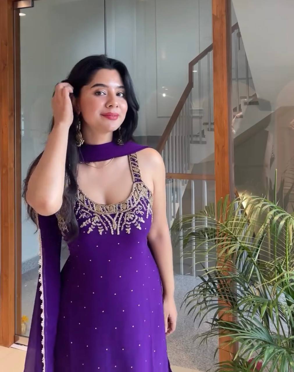 Purple Elegant Heavy Faux Georgette Handworked Top with Palazzo & Dupatta Set