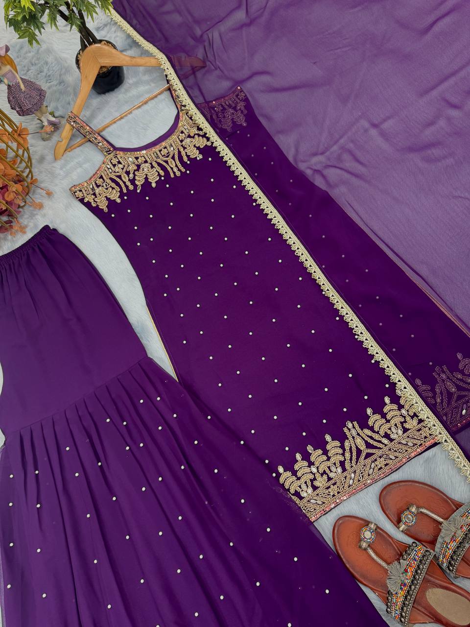Purple Elegant Heavy Faux Georgette Handworked Top with Palazzo & Dupatta Set