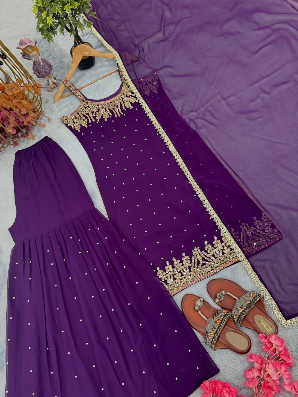 Purple Elegant Heavy Faux Georgette Handworked Top with Palazzo & Dupatta Set