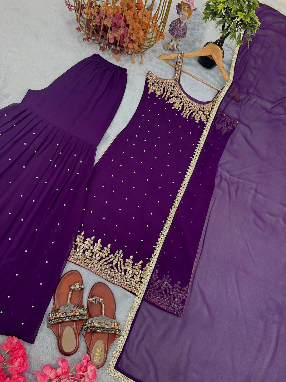 Purple Elegant Heavy Faux Georgette Handworked Top with Palazzo & Dupatta Set