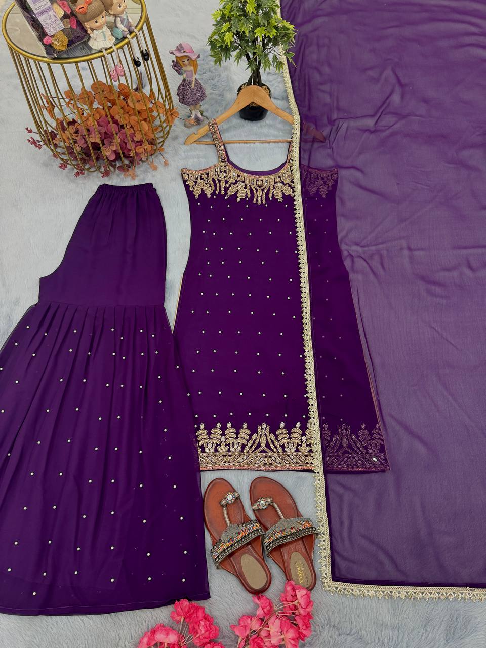 Purple Elegant Heavy Faux Georgette Handworked Top with Palazzo & Dupatta Set