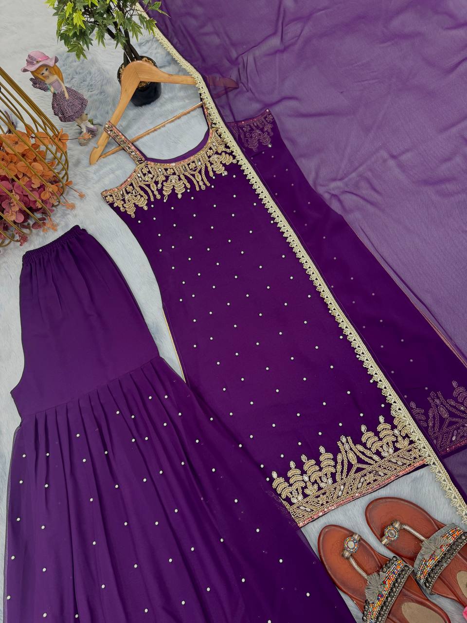 Purple Elegant Heavy Faux Georgette Handworked Top with Palazzo & Dupatta Set
