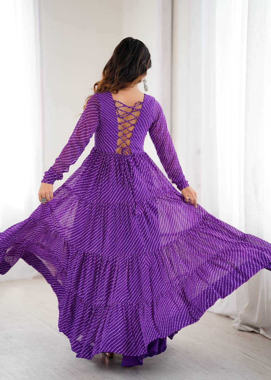 Purple Elegant Heavy Fox Georgette Laheriya Anarkali Gown with Gamthi Work