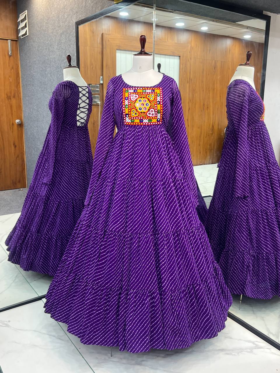 Purple Elegant Heavy Fox Georgette Laheriya Anarkali Gown with Gamthi Work