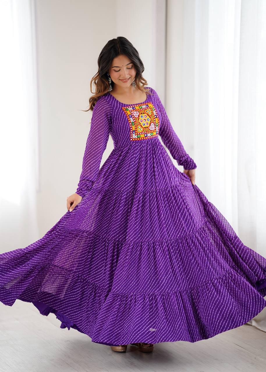 Purple Elegant Heavy Fox Georgette Laheriya Anarkali Gown with Gamthi Work