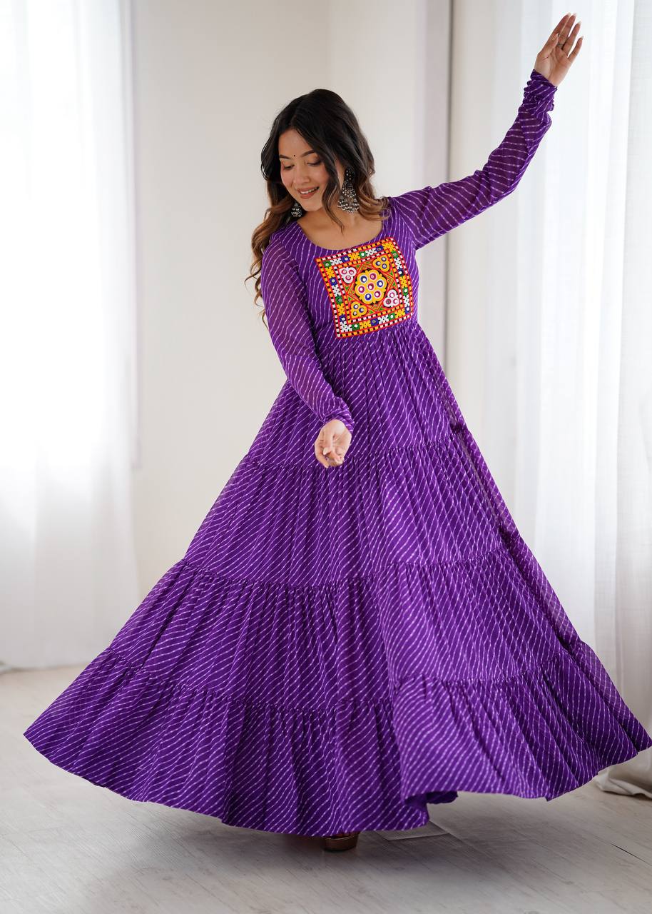 Purple Elegant Heavy Fox Georgette Laheriya Anarkali Gown with Gamthi Work