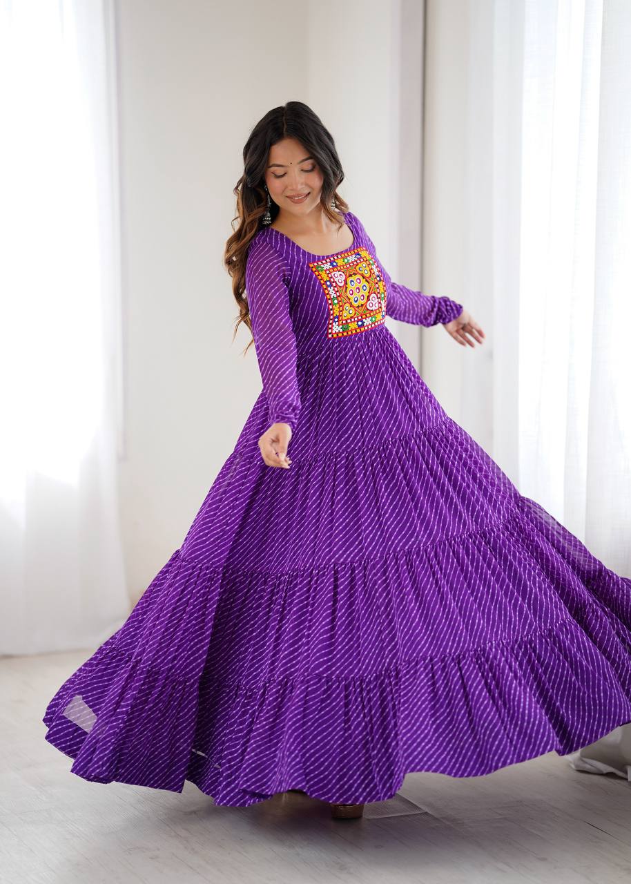 Purple Elegant Heavy Fox Georgette Laheriya Anarkali Gown with Gamthi Work