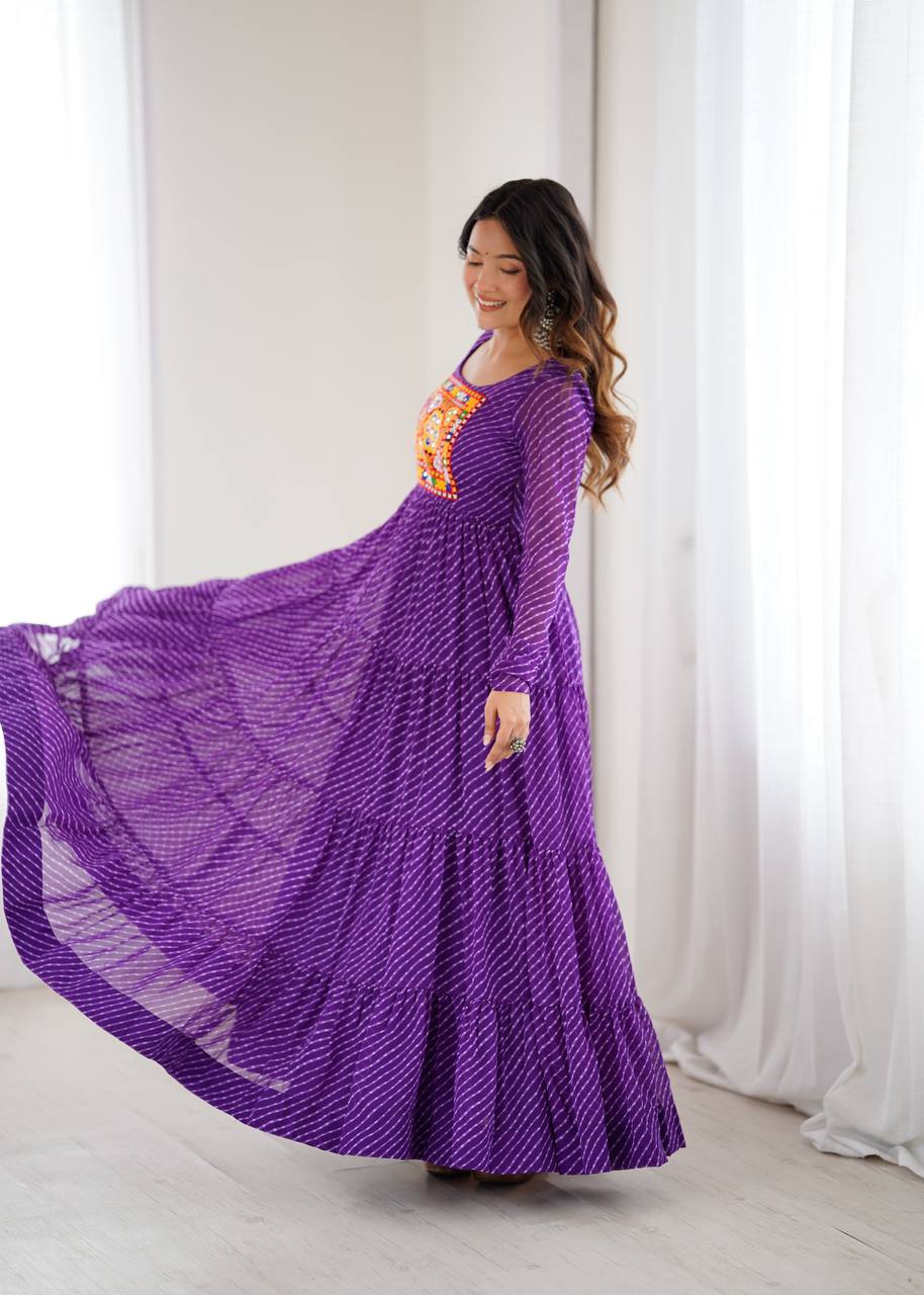 Purple Elegant Heavy Fox Georgette Laheriya Anarkali Gown with Gamthi Work