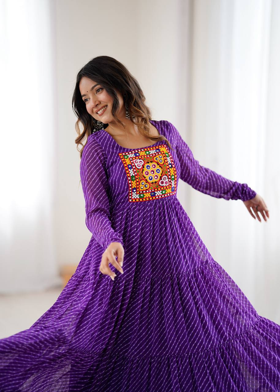 Purple Elegant Heavy Fox Georgette Laheriya Anarkali Gown with Gamthi Work
