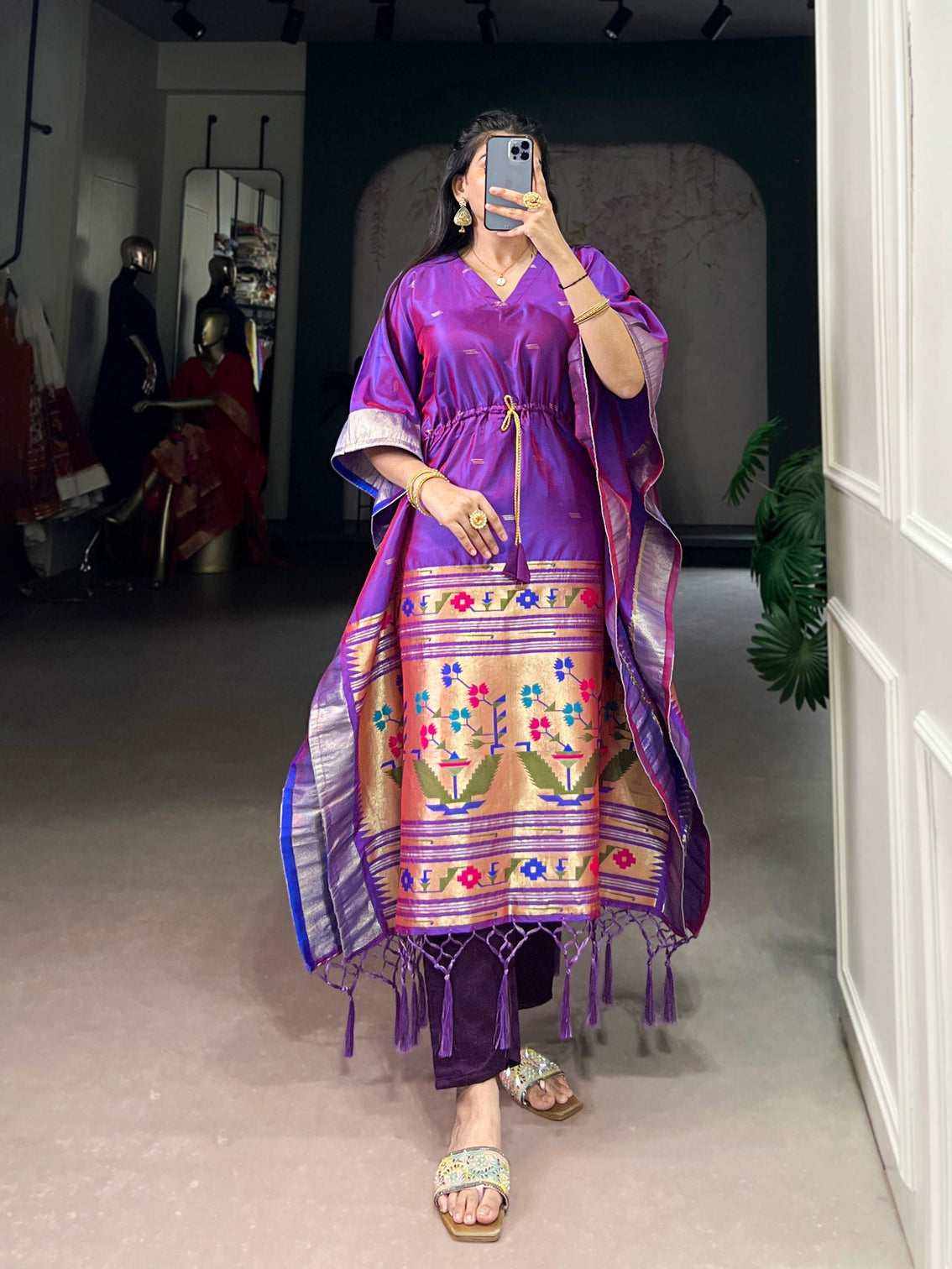Purple Elegant Jacquard Paithani Kaftan with Zari Weaving Work