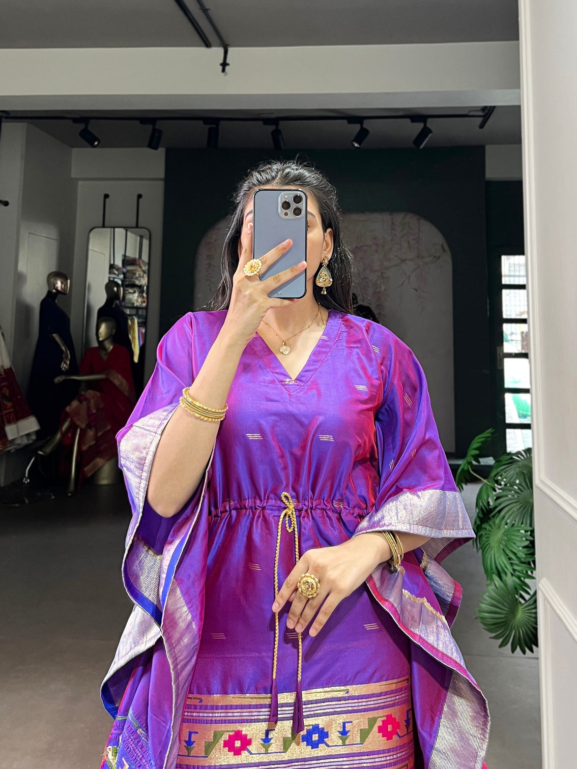 Purple Elegant Jacquard Paithani Kaftan with Zari Weaving Work