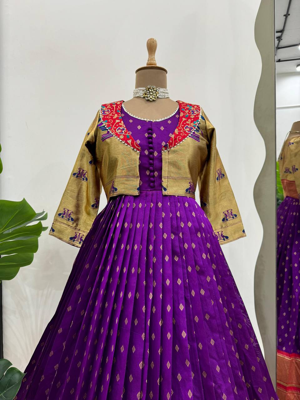 Purple Elegant Jequrd Silk Gown with Koti