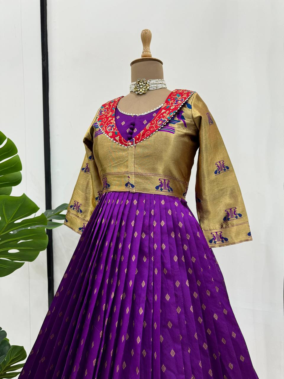 Purple Elegant Jequrd Silk Gown with Koti