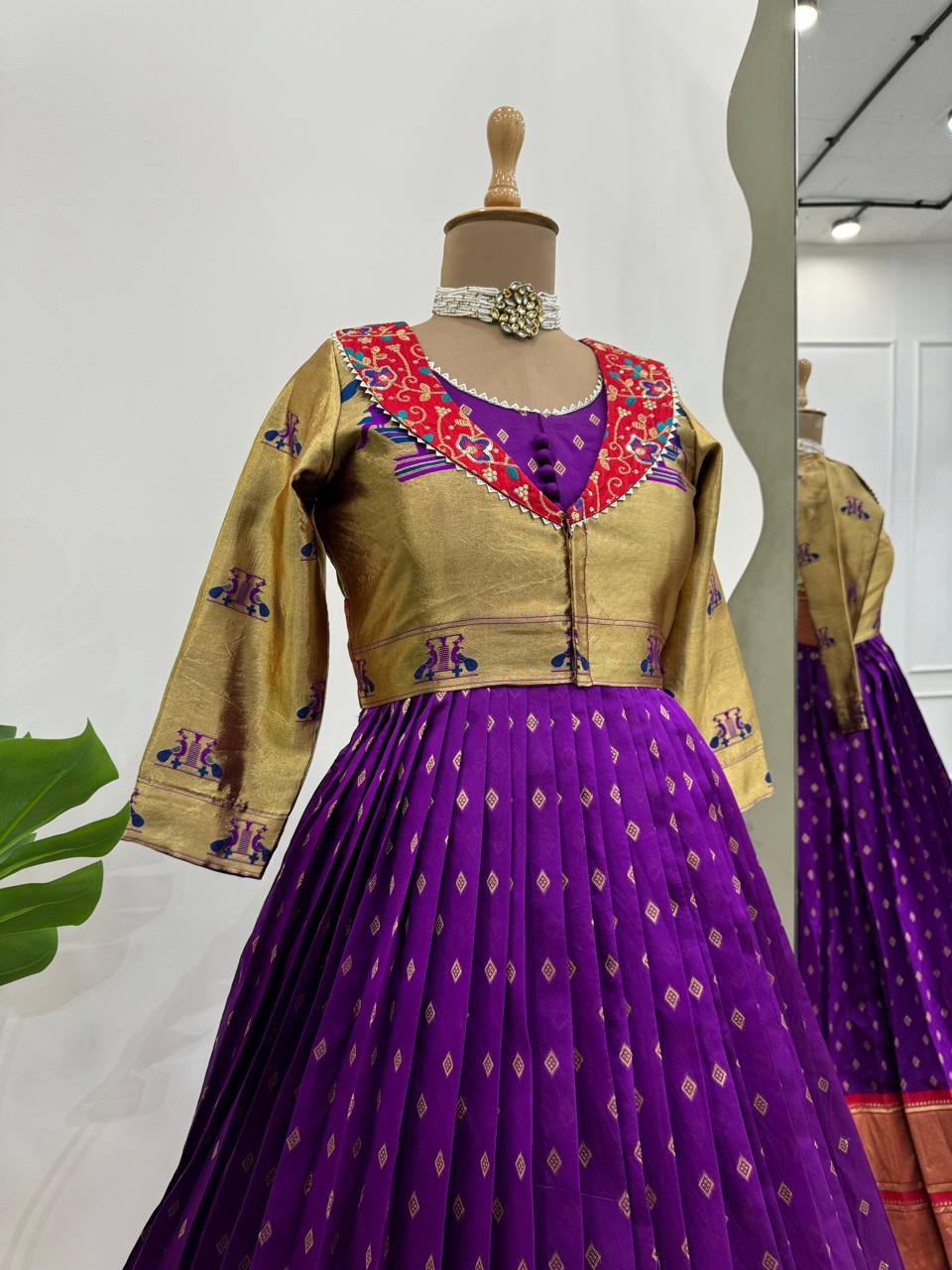 Purple Elegant Jequrd Silk Gown with Koti